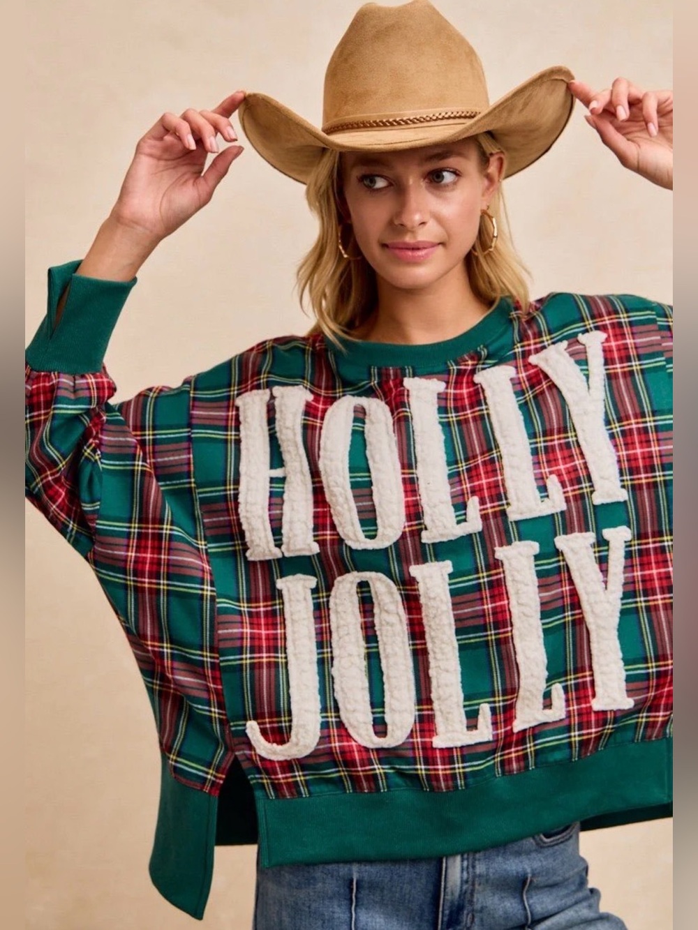 Bibi Green Holly Jolly Christmas Plaid Oversized Sweatshirt